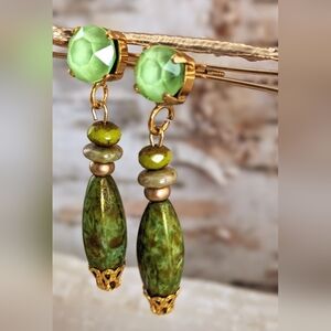 Victorian Apple Green Swarovski Crystal & Bead Gold Plated Earrings